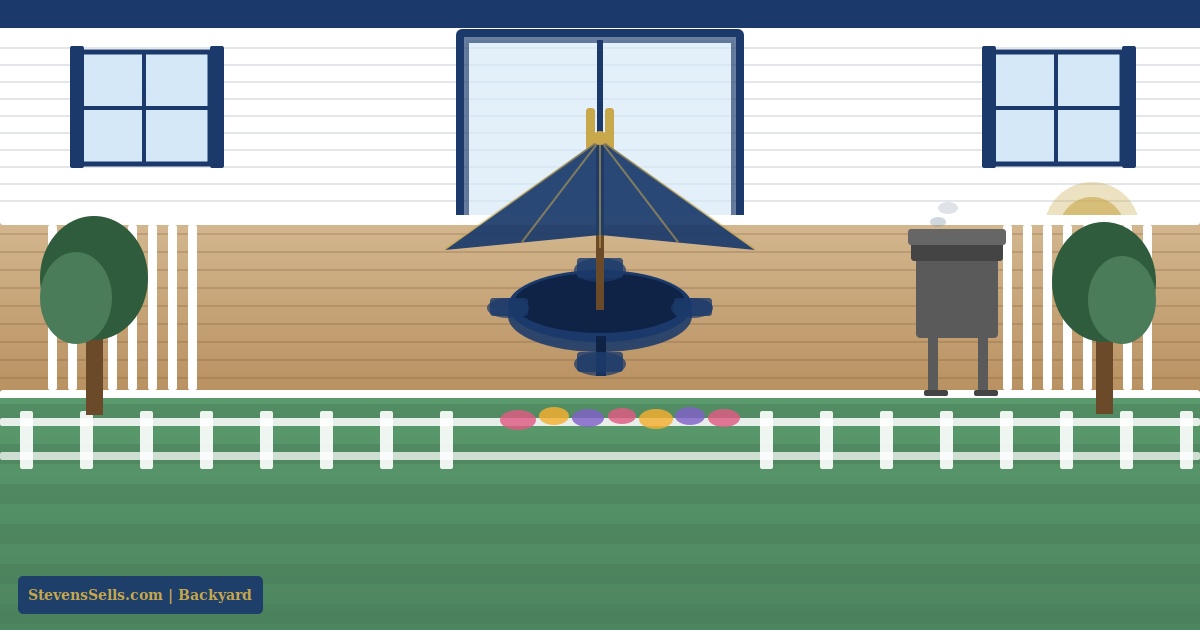 Illustration of a fenced backyard with a lawn and patio behind a family home