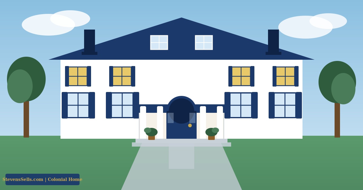 Illustration of a two story colonial style home with a manicured front lawn