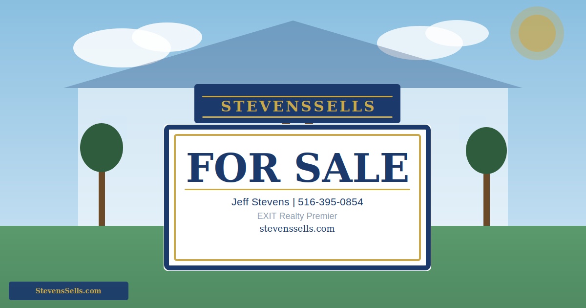 Illustration of a real estate for sale sign in the front yard of a house