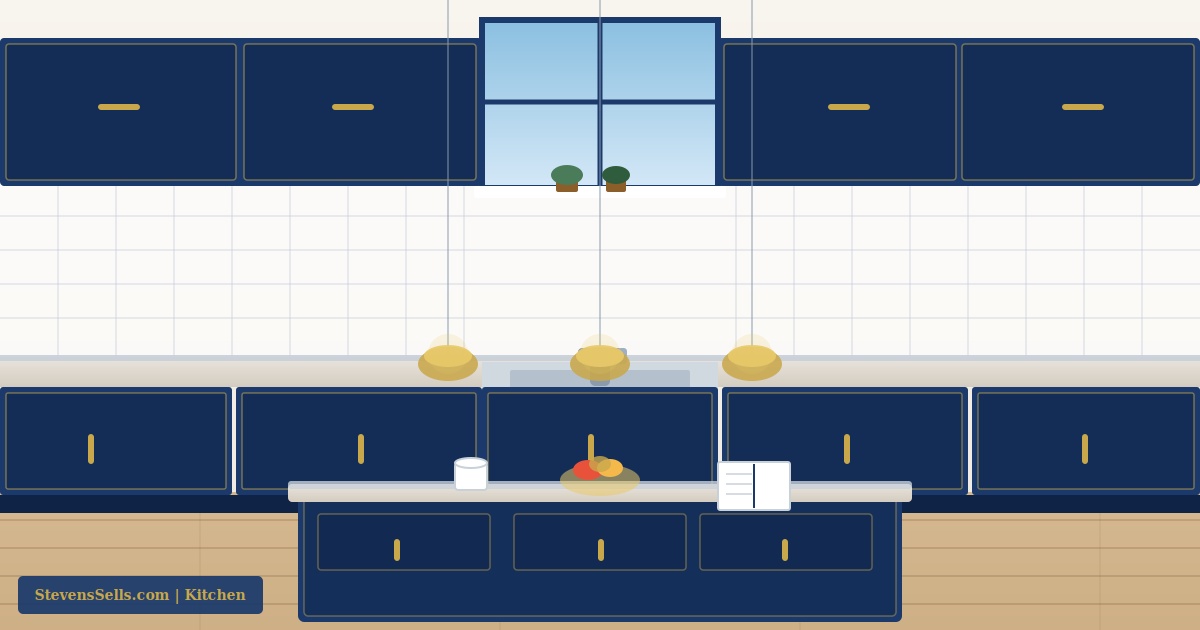 Illustration of a bright updated kitchen with an island and natural light