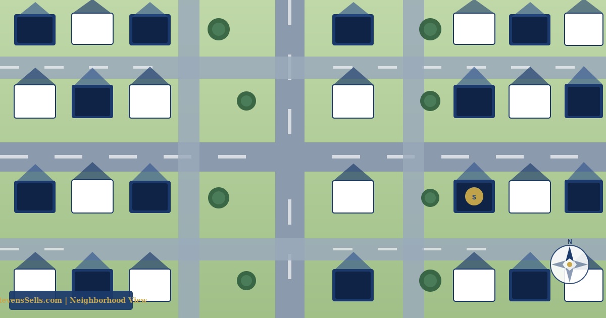 Illustration of an aerial view of a suburban neighborhood of single family homes