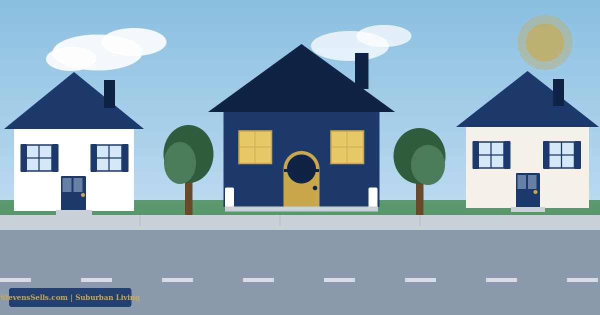 Illustration of a quiet tree lined residential street of single family homes